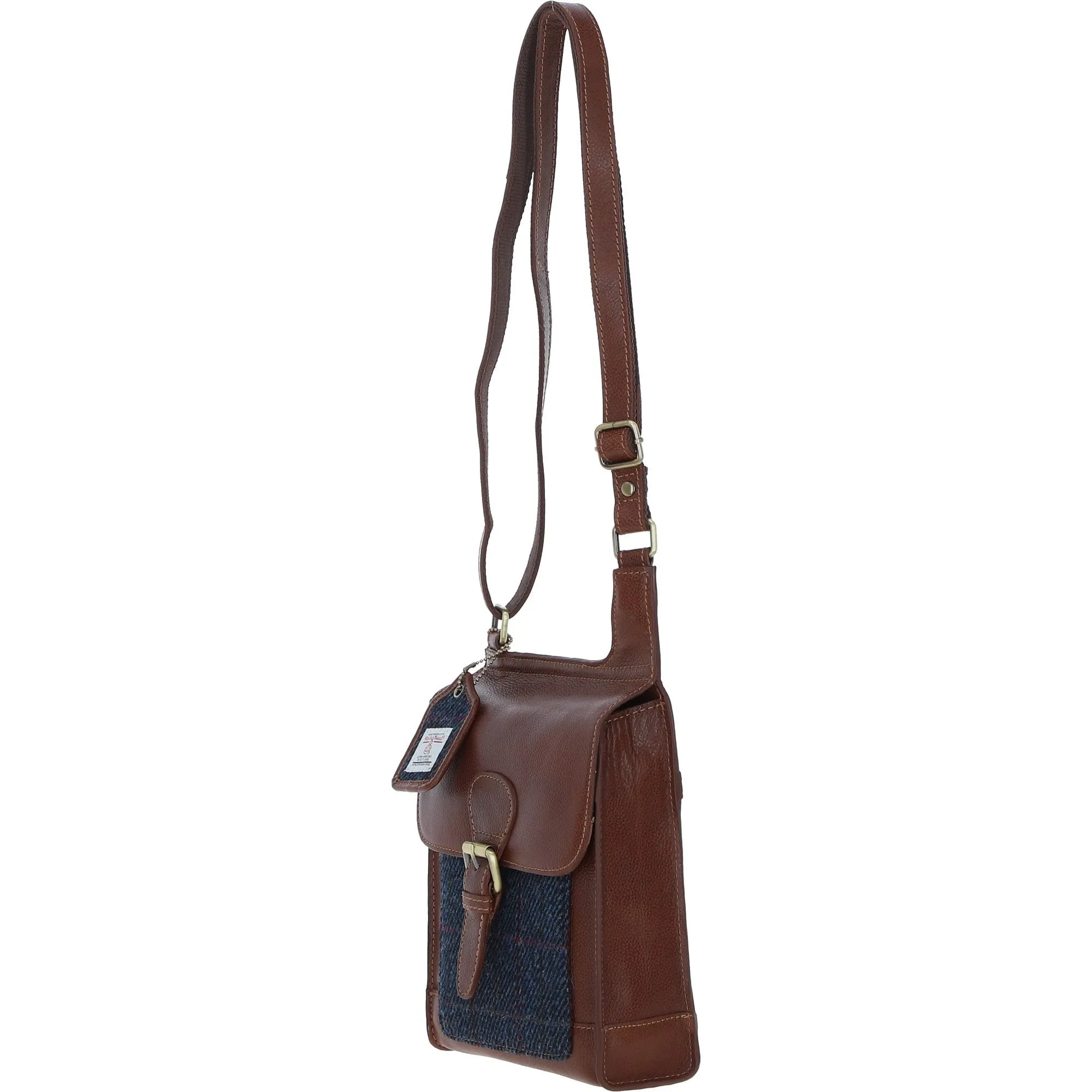 Ashwood Leather & Harris Tweed Crossbody Bag Tan/Navy: TW-24-011-TN