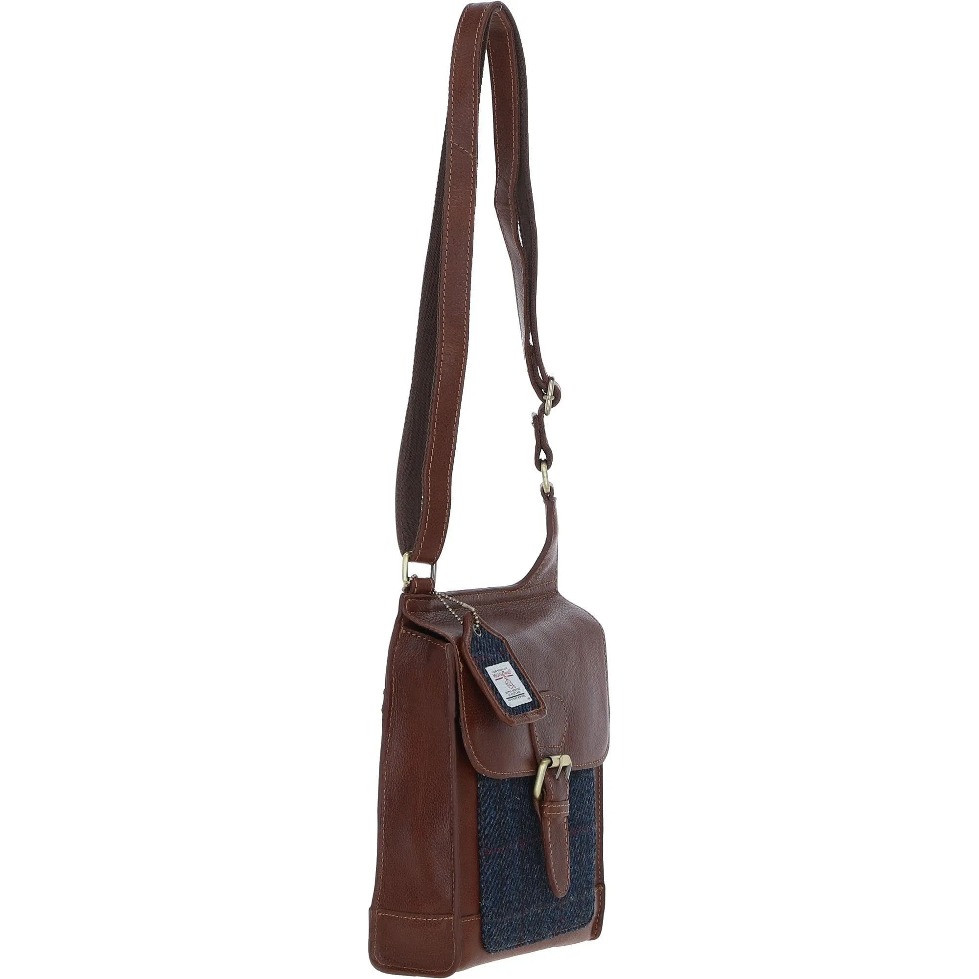 Ashwood Leather & Harris Tweed Crossbody Bag Tan/Navy: TW-24-011-TN