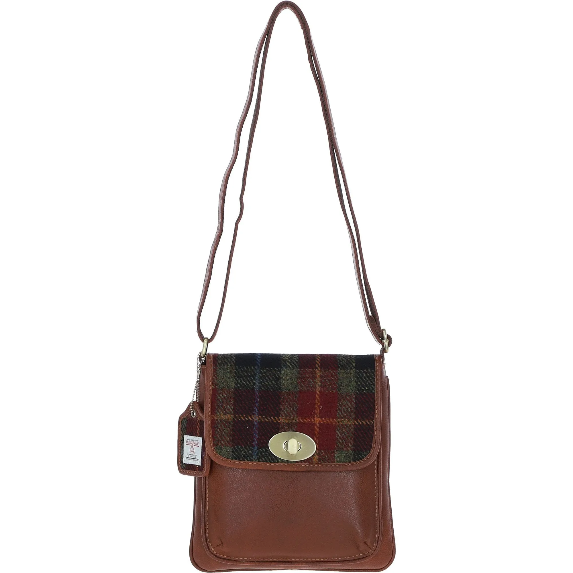 Ashwood Leather & Harris Tweed Twist Lock Crossbody Bag Tan/Green/Red: TW-31-08-TR