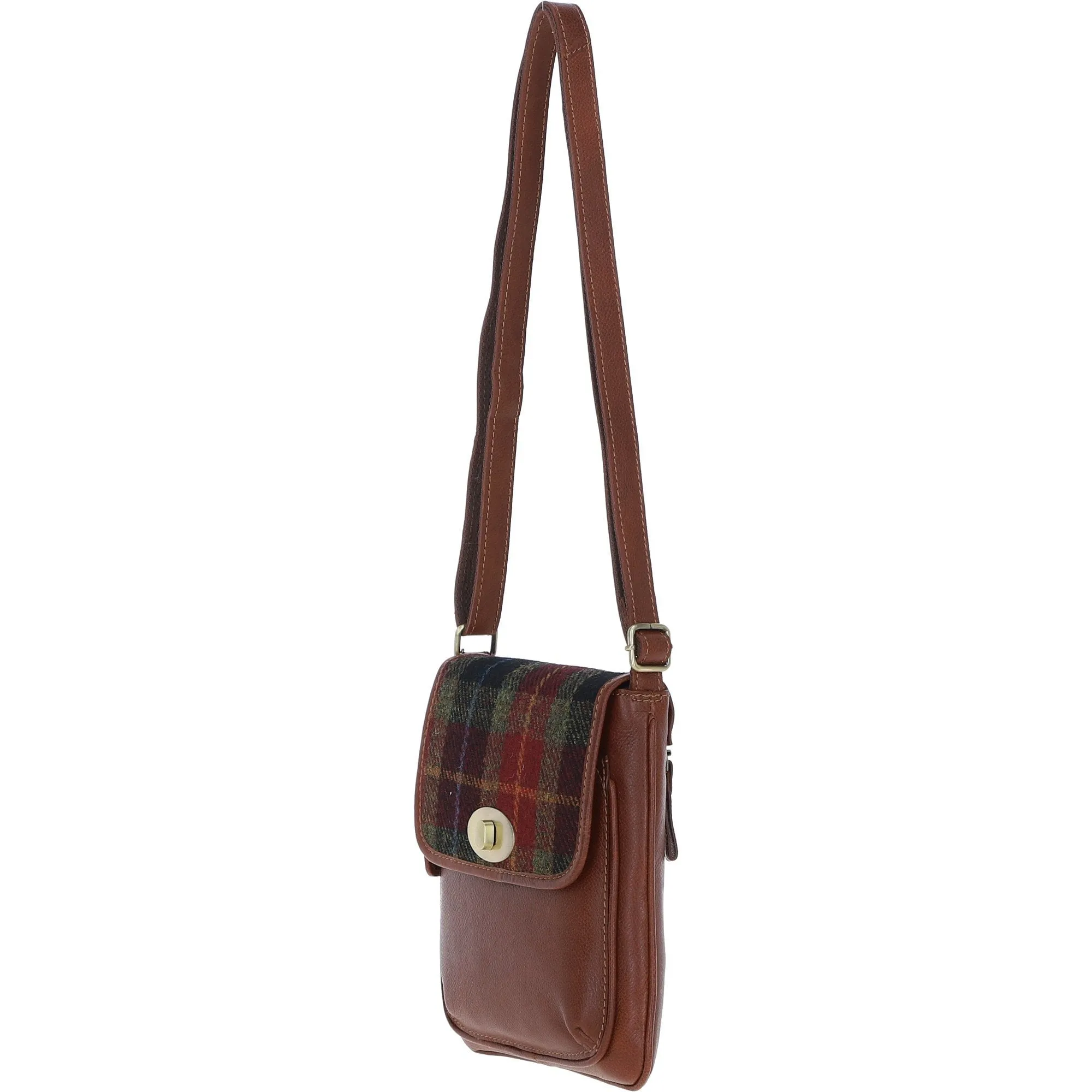 Ashwood Leather & Harris Tweed Twist Lock Crossbody Bag Tan/Green/Red: TW-31-08-TR