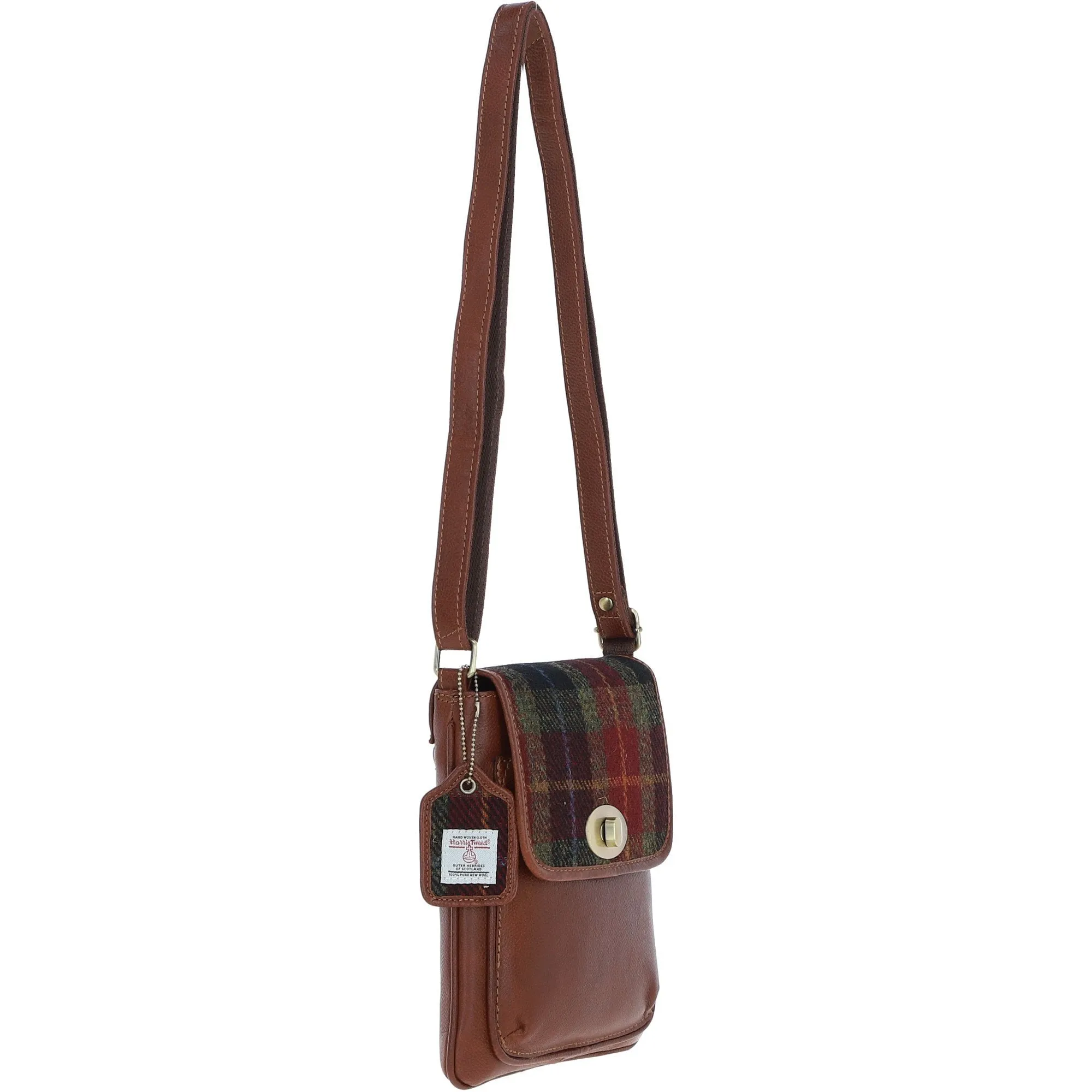 Ashwood Leather & Harris Tweed Twist Lock Crossbody Bag Tan/Green/Red: TW-31-08-TR