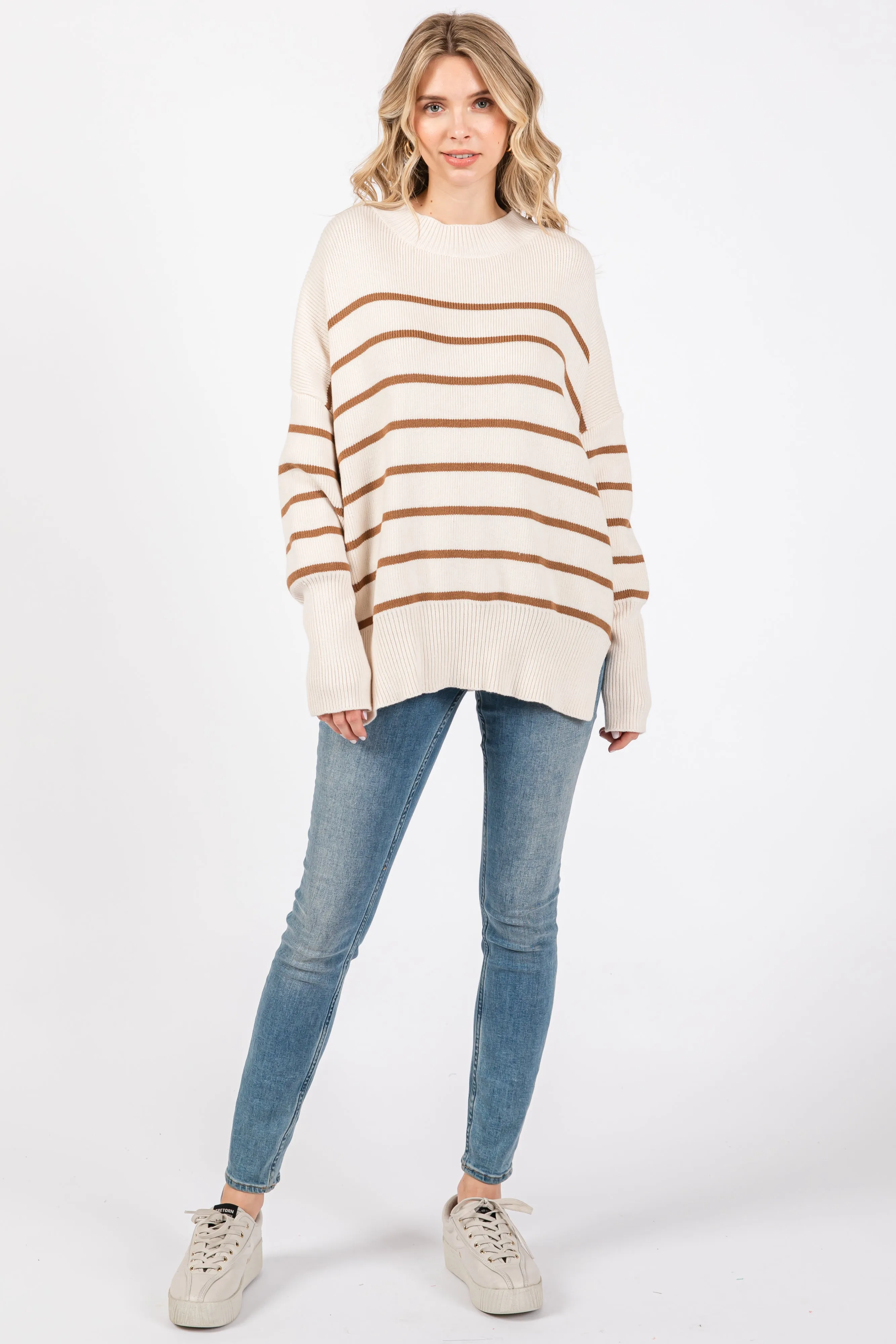 Beige Striped Drop Shoulder Sweater