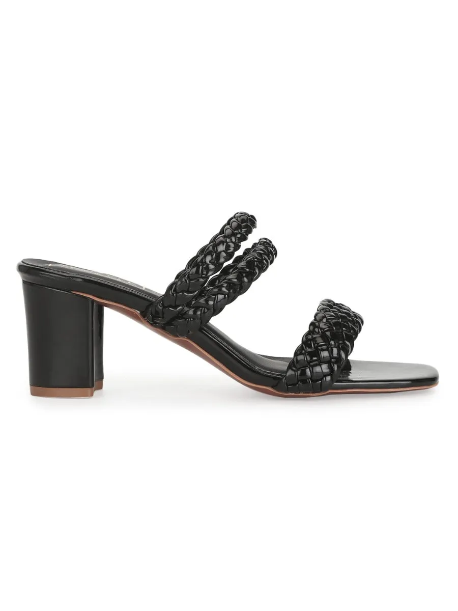 Black Patent Braided Block Heel Mules