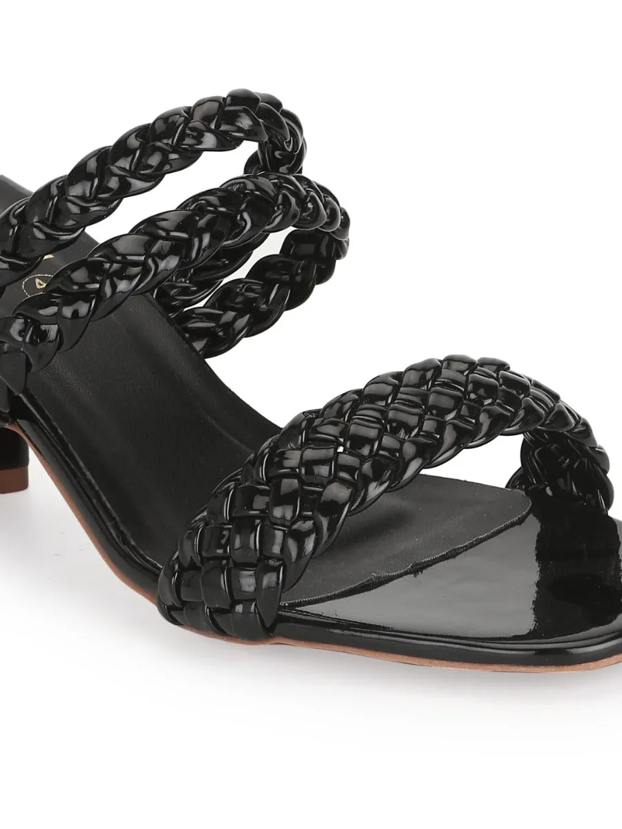 Black Patent Braided Block Heel Mules