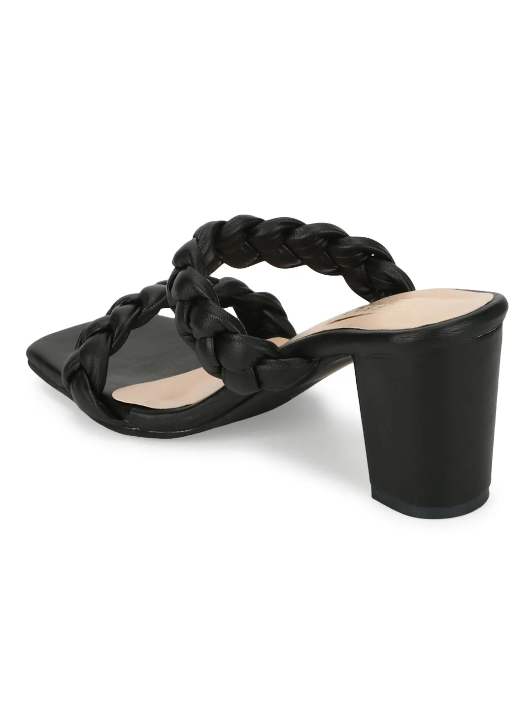 Black PU Braided Block Heel Mules (SLC-B-31)