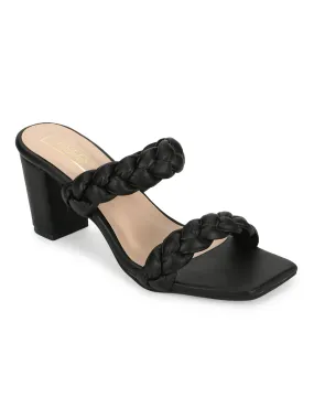 Black PU Braided Block Heel Mules (SLC-B-31)