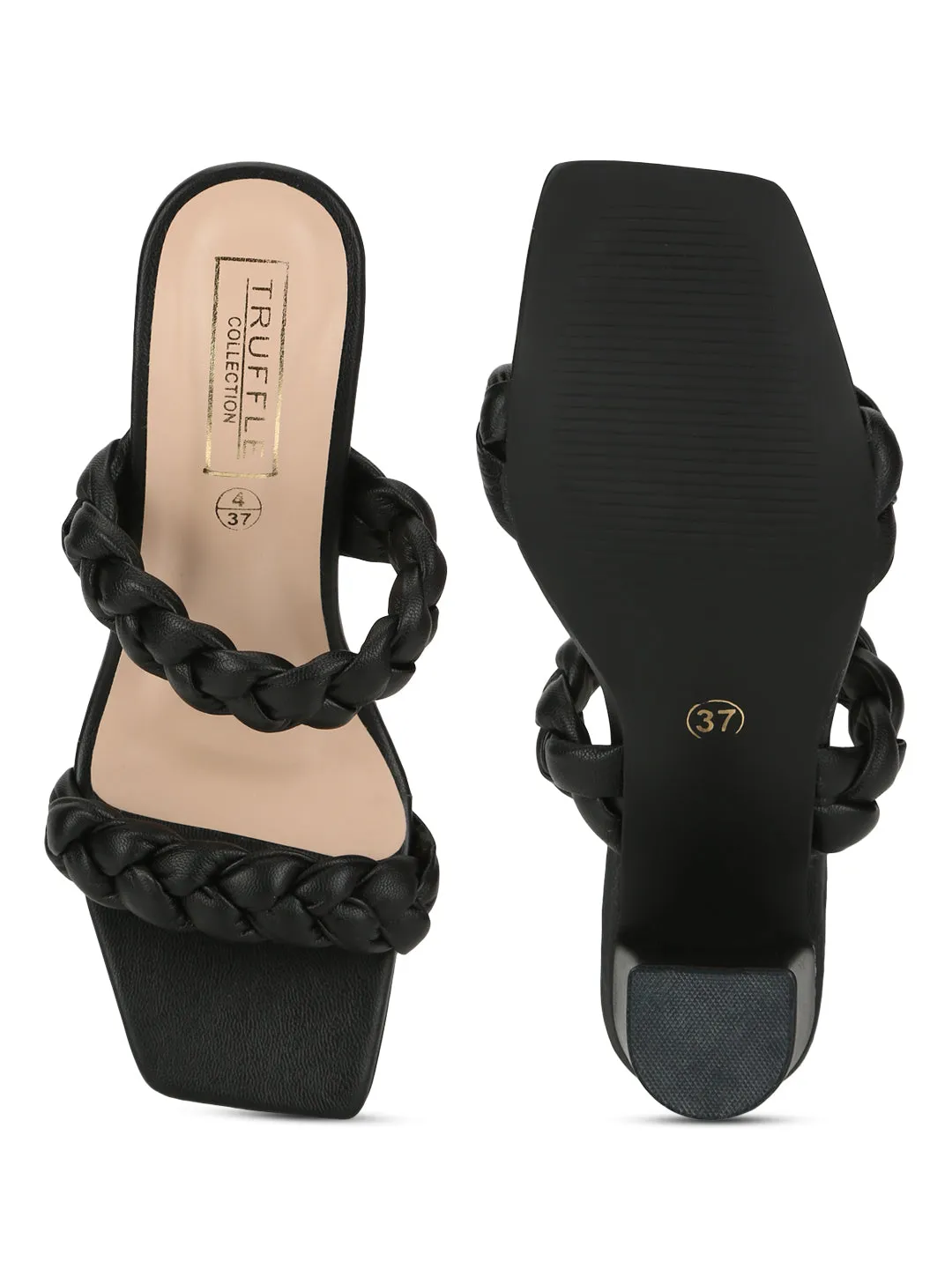 Black PU Braided Block Heel Mules (SLC-B-31)