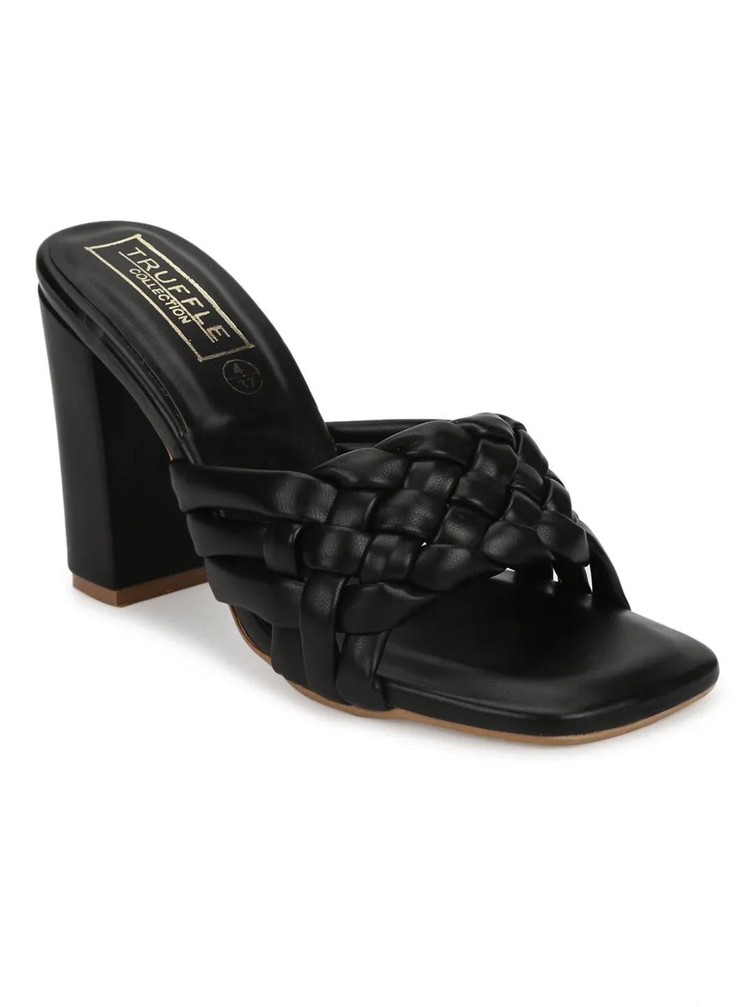 Black PU Braided Block Heel Mules (SLC-R-70)