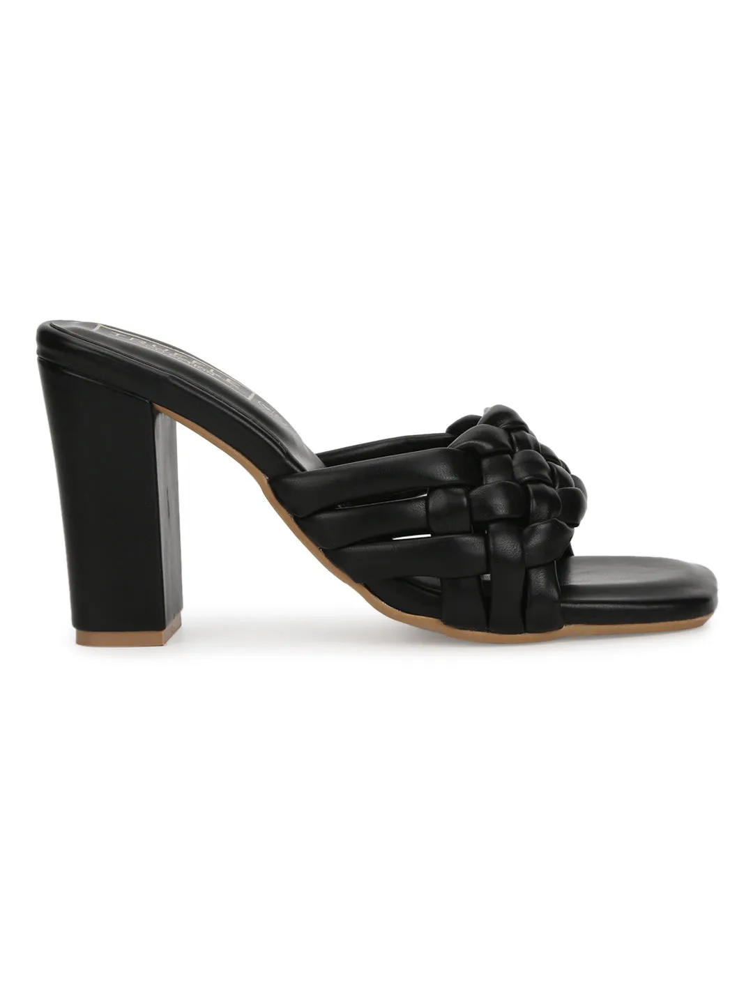 Black PU Braided Block Heel Mules (SLC-R-70)