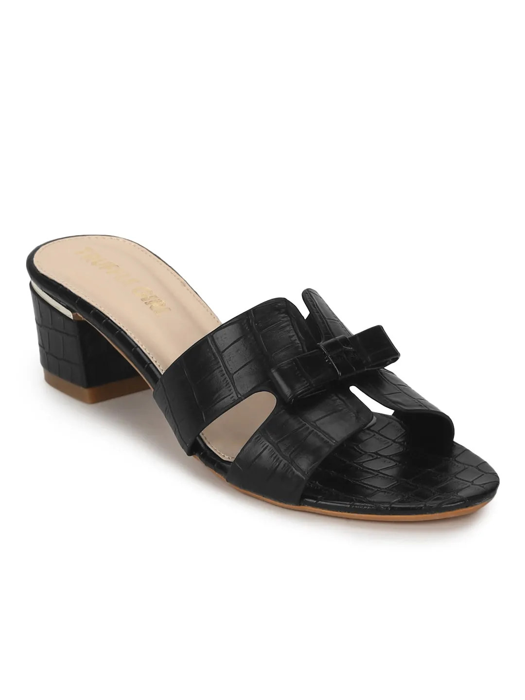 Black PU Low Heel Croc Mules