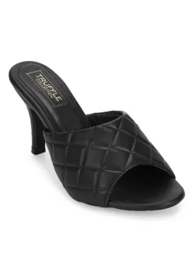 Black PU Quilted High Heel Mules