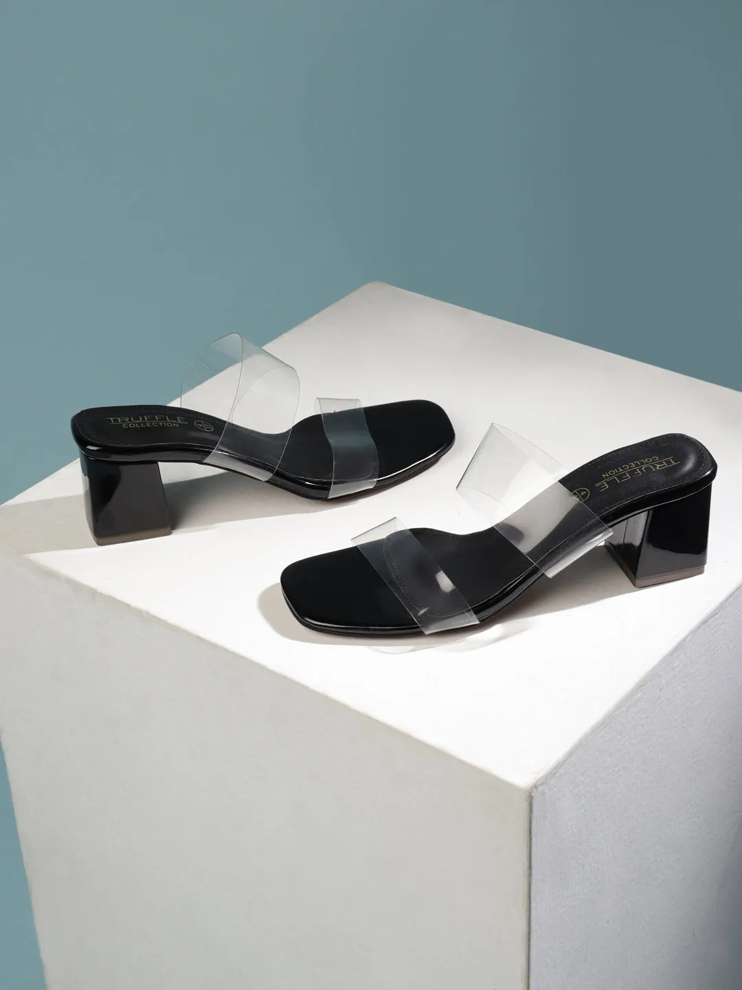 Black PU Slip On Mules With Clear Straps (TC-RLST19-BLK)