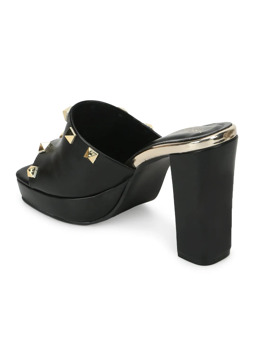 Black PU Studded High Block Heel Mules (TC-SLC-R1011-BLK)