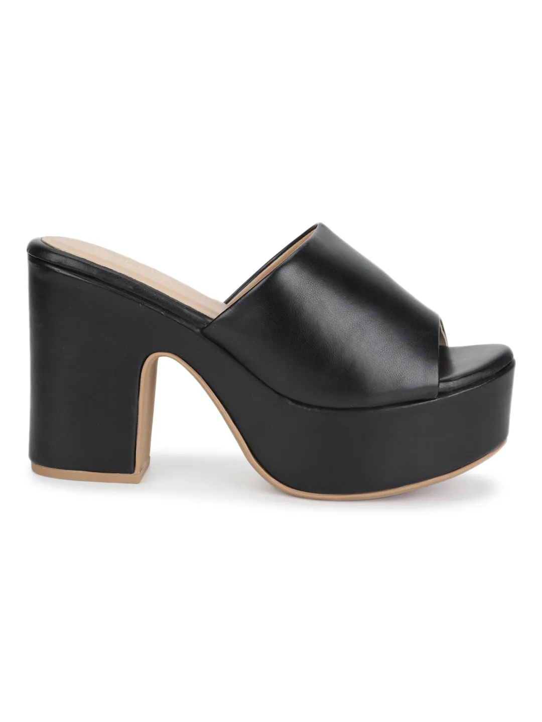 Black PU Wide Strap High Block Heel Mules (TC-ST-1255-BLK)