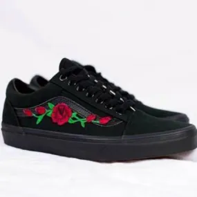 Black vans old skool rose patch embroidered