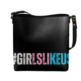 Blue Pink White 'GIRLSLIKEUS' Hashtag Series Black Large Vegan Leather Crossbody Bag