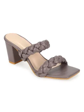 Brown Grey PU Braided Block Heel Mules