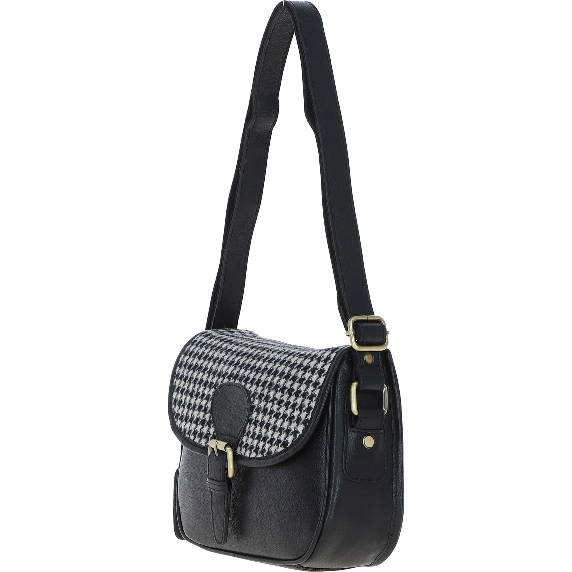 Elegant Ashwood Leather & Harris Tweed Crossbody Bag Black/White: TW-27-012-BW