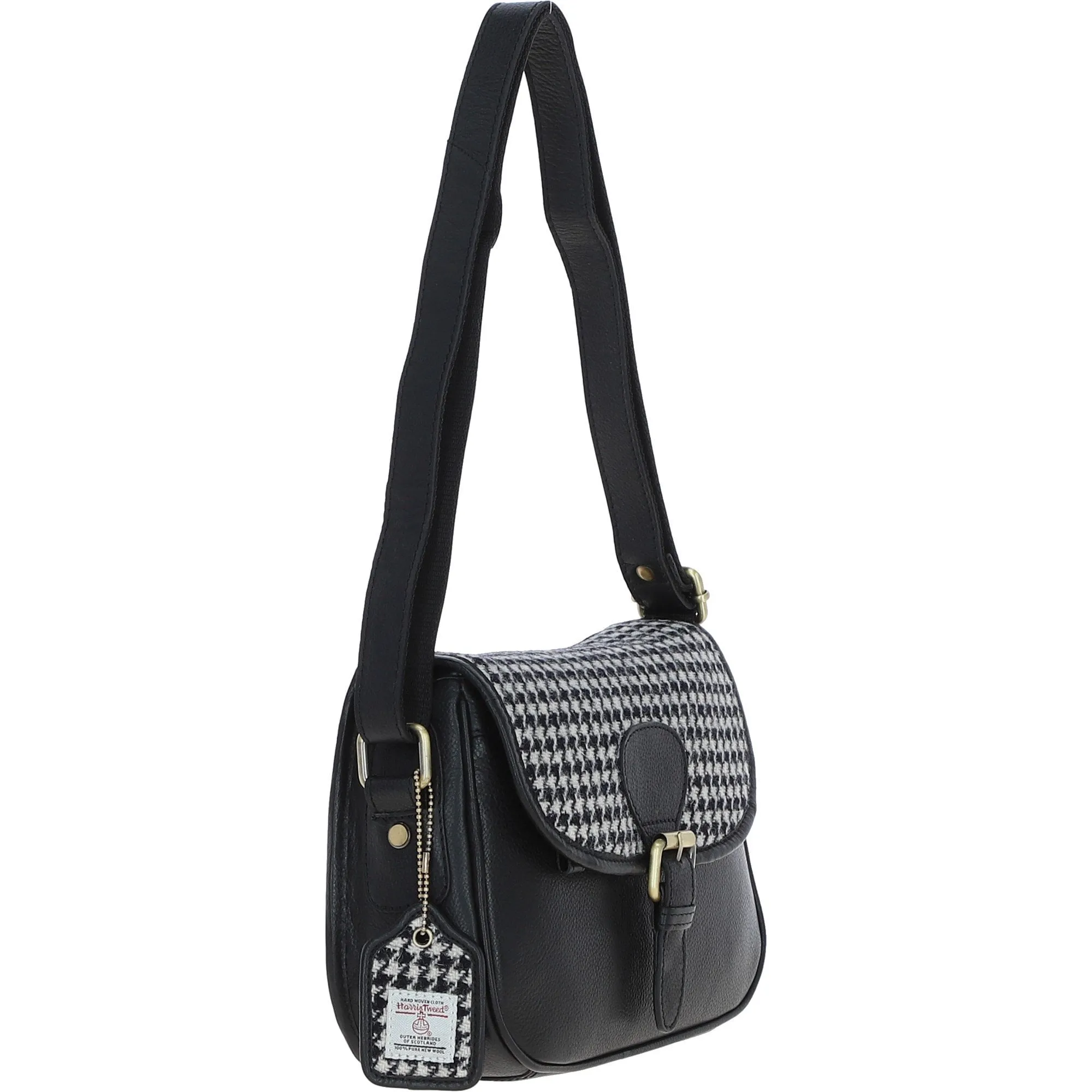 Elegant Ashwood Leather & Harris Tweed Crossbody Bag Black/White: TW-27-012-BW