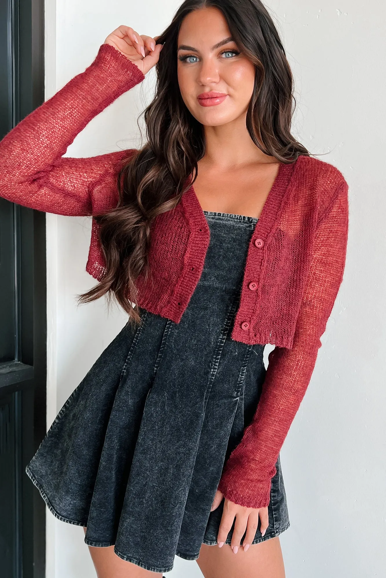 Felicity Open Knit Crop Cardigan (Wine)