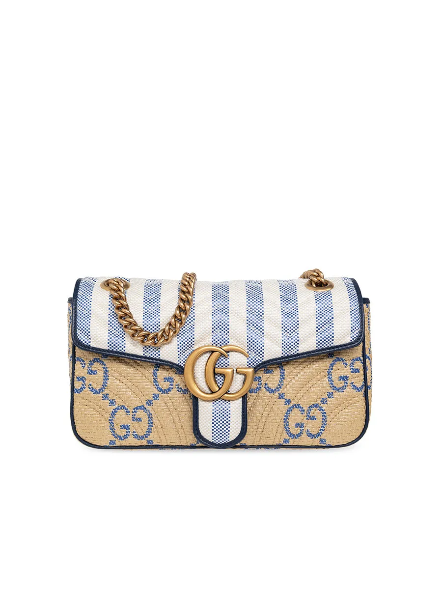 GG Marmont Matelasse Shoulder Bag in Beige and Blue Raffia Effect