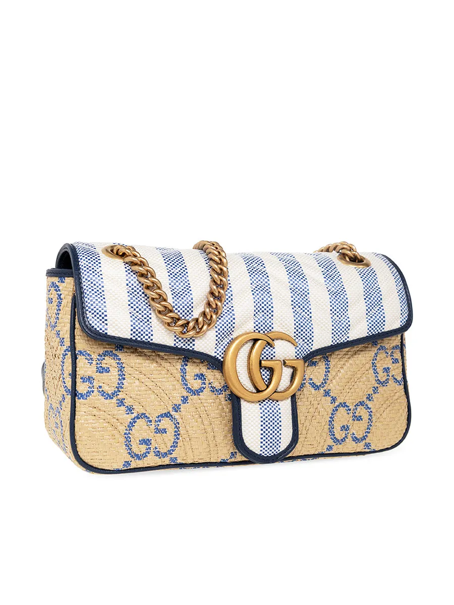 GG Marmont Matelasse Shoulder Bag in Beige and Blue Raffia Effect