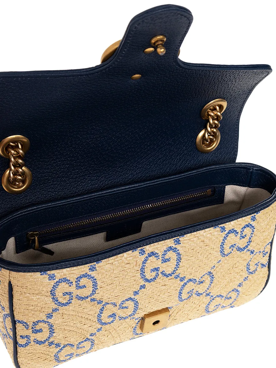 GG Marmont Matelasse Shoulder Bag in Beige and Blue Raffia Effect