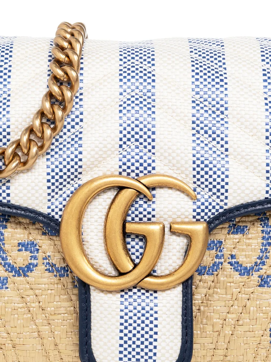 GG Marmont Matelasse Shoulder Bag in Beige and Blue Raffia Effect