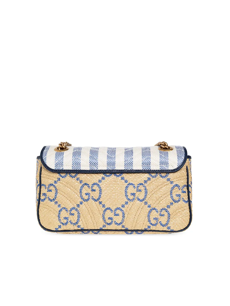 GG Marmont Matelasse Shoulder Bag in Beige and Blue Raffia Effect