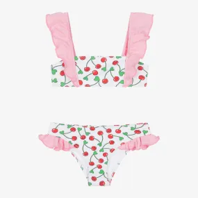 Girls White Cherry Print Bikini