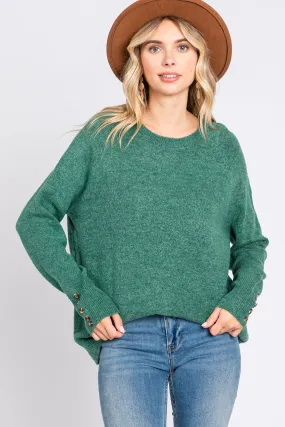 Green Button Accent Solid Sweater