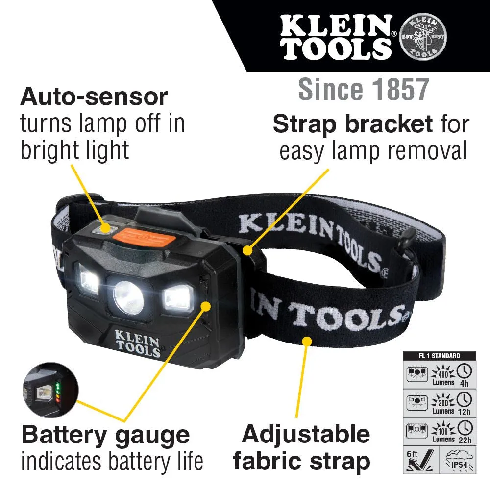 Klein Rechargeable Headlamp with Fabric Strap, 400 Lumens, All-Day Runtime #56048