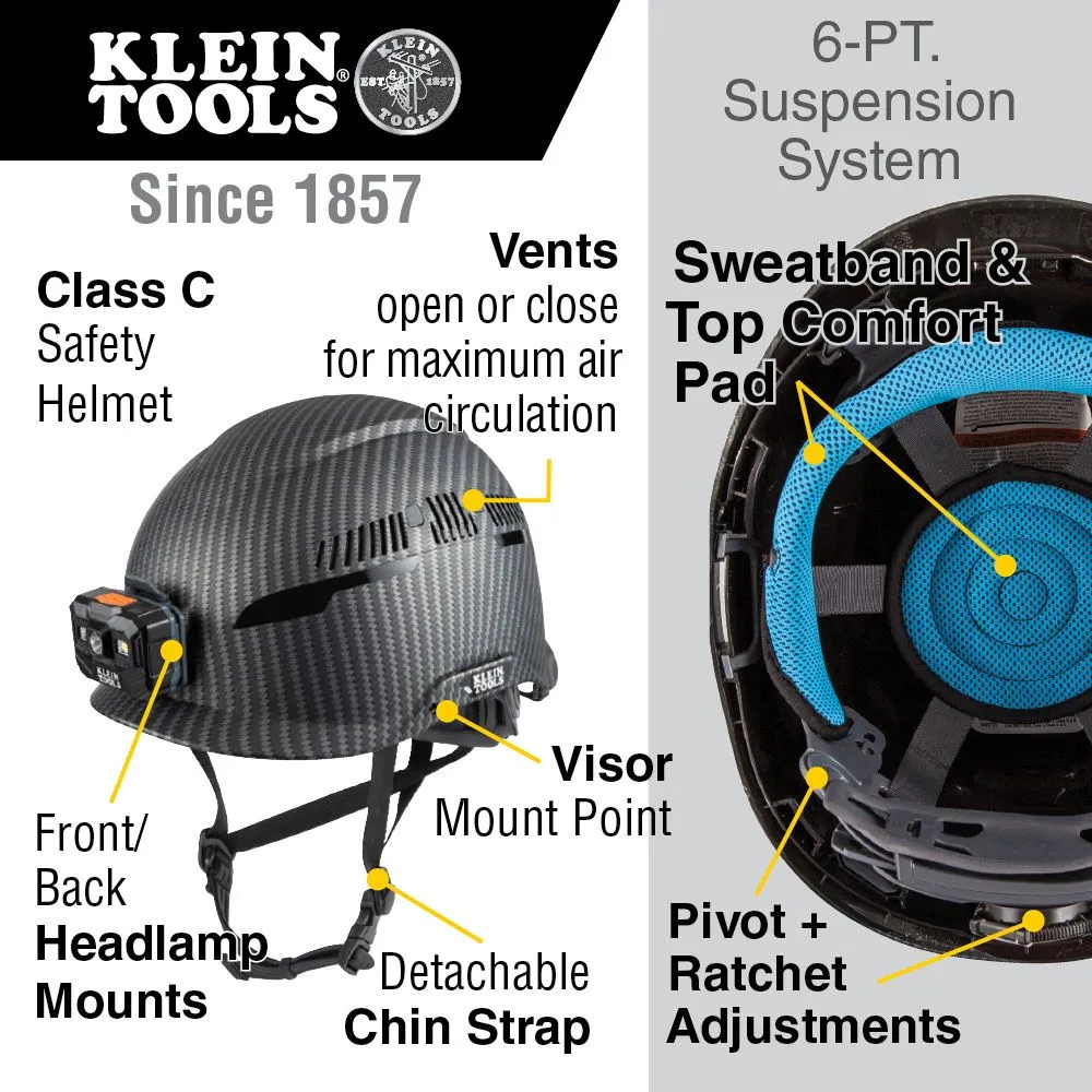 Klein Safety Helmet, Premium KARBN Pattern, Vented, Class C, Headlamp #60517