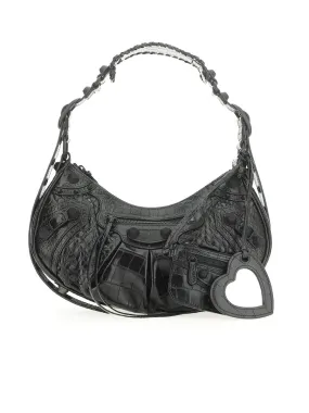 Le Cagole Small Shoulder Bag Crocodile Embossed Black