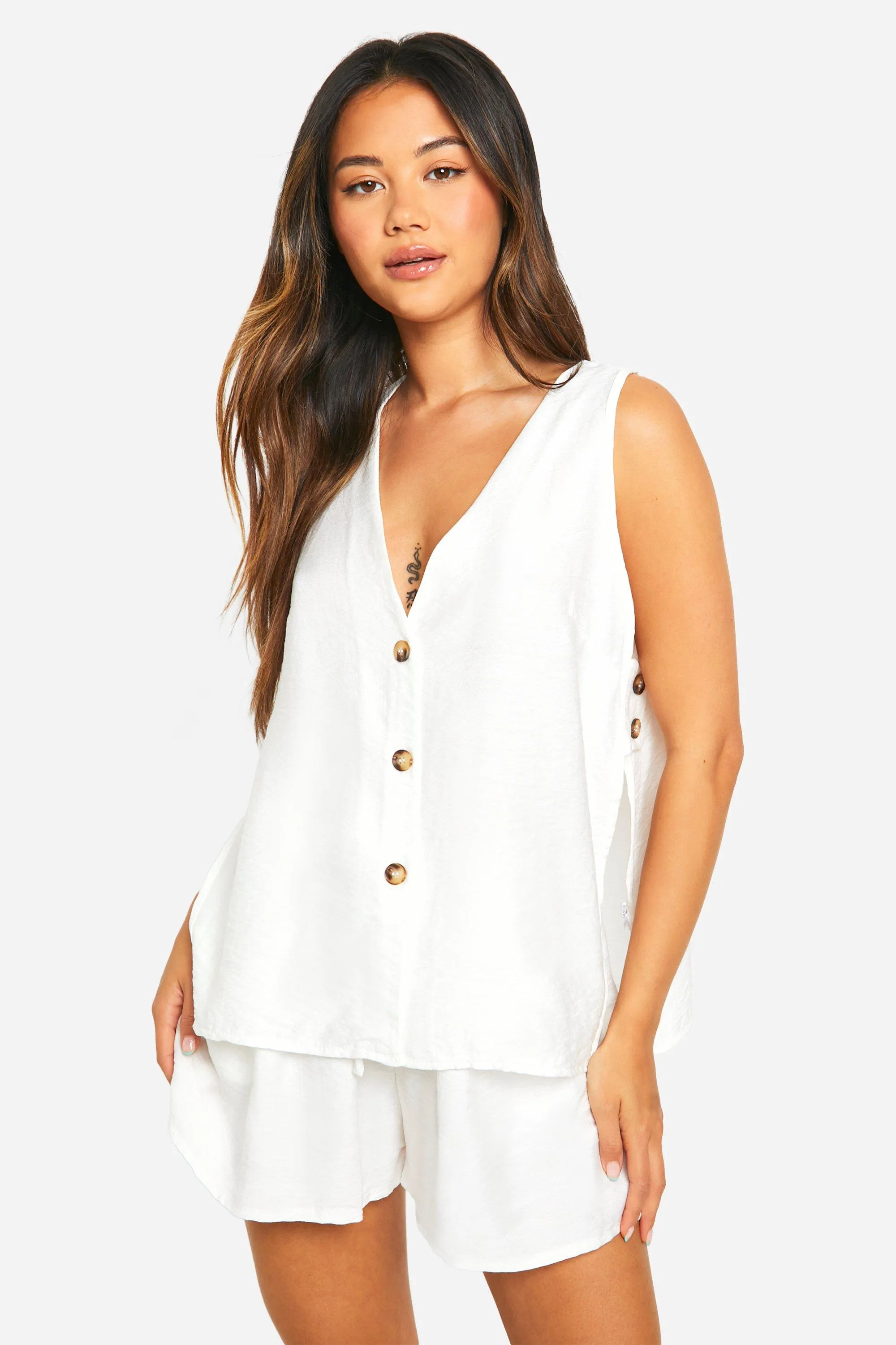 Linen Look Tab Side Longline Vest & Flowy Shorts