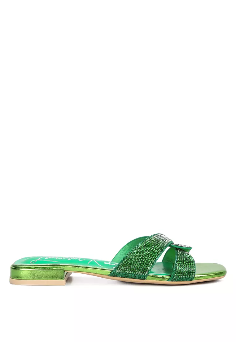 London Rag Green Cross Strap Rhinestone Sandals