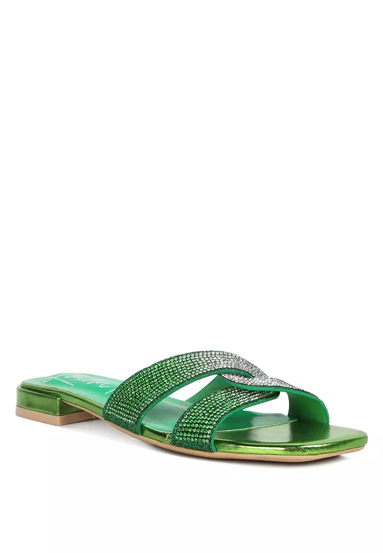 London Rag Green Cross Strap Rhinestone Sandals