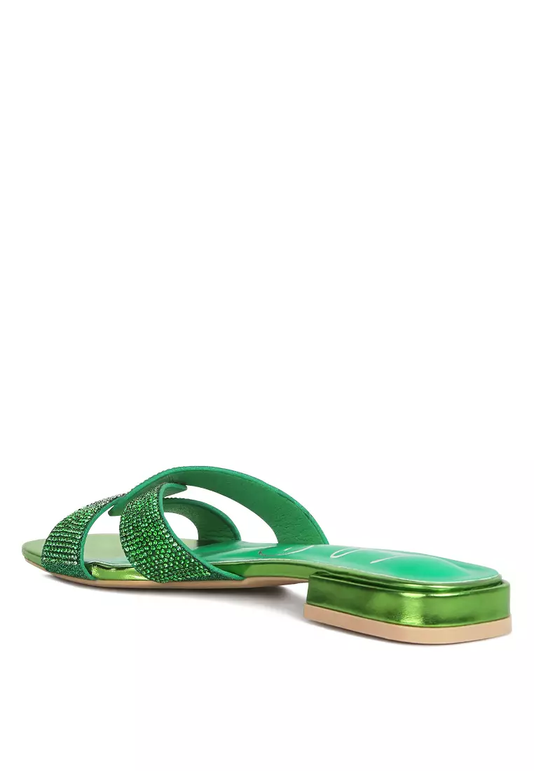 London Rag Green Cross Strap Rhinestone Sandals