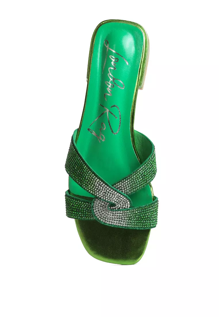 London Rag Green Cross Strap Rhinestone Sandals