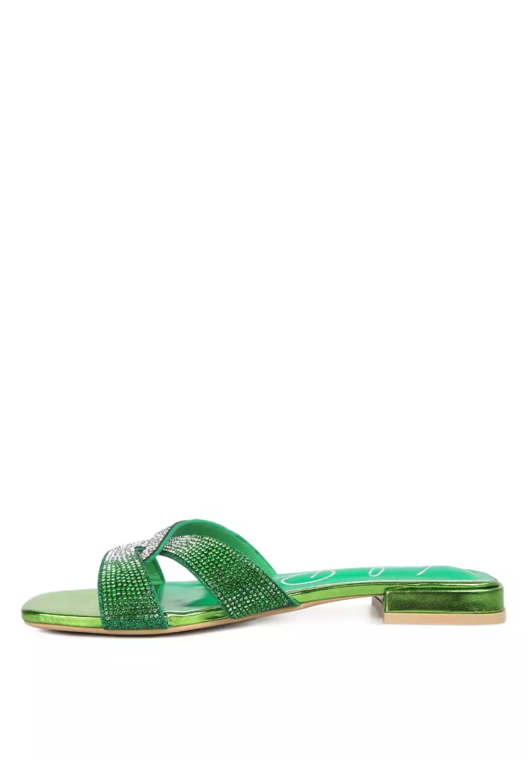 London Rag Green Cross Strap Rhinestone Sandals