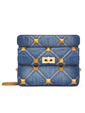 Medium Roman Stud The Shoulder Bag in Denim with Chain