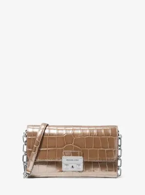 MK Tribeca Large Crocodile Embossed Leather Convertible Crossbody Bag - Brown - Michael Kors