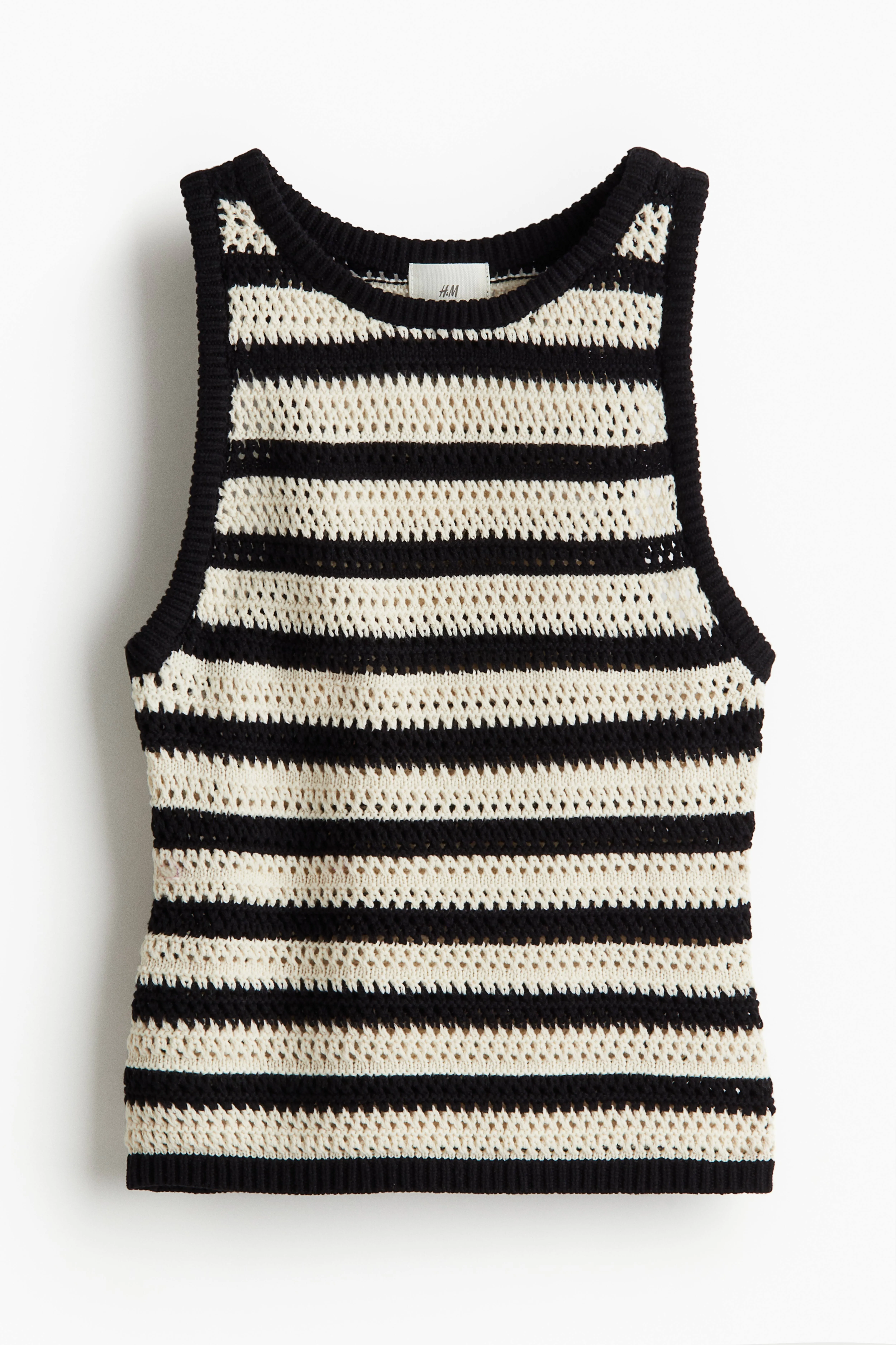 Pointelle-knit vest top - Round neck - Short sleeve - Black/Striped - Ladies | H&M GB