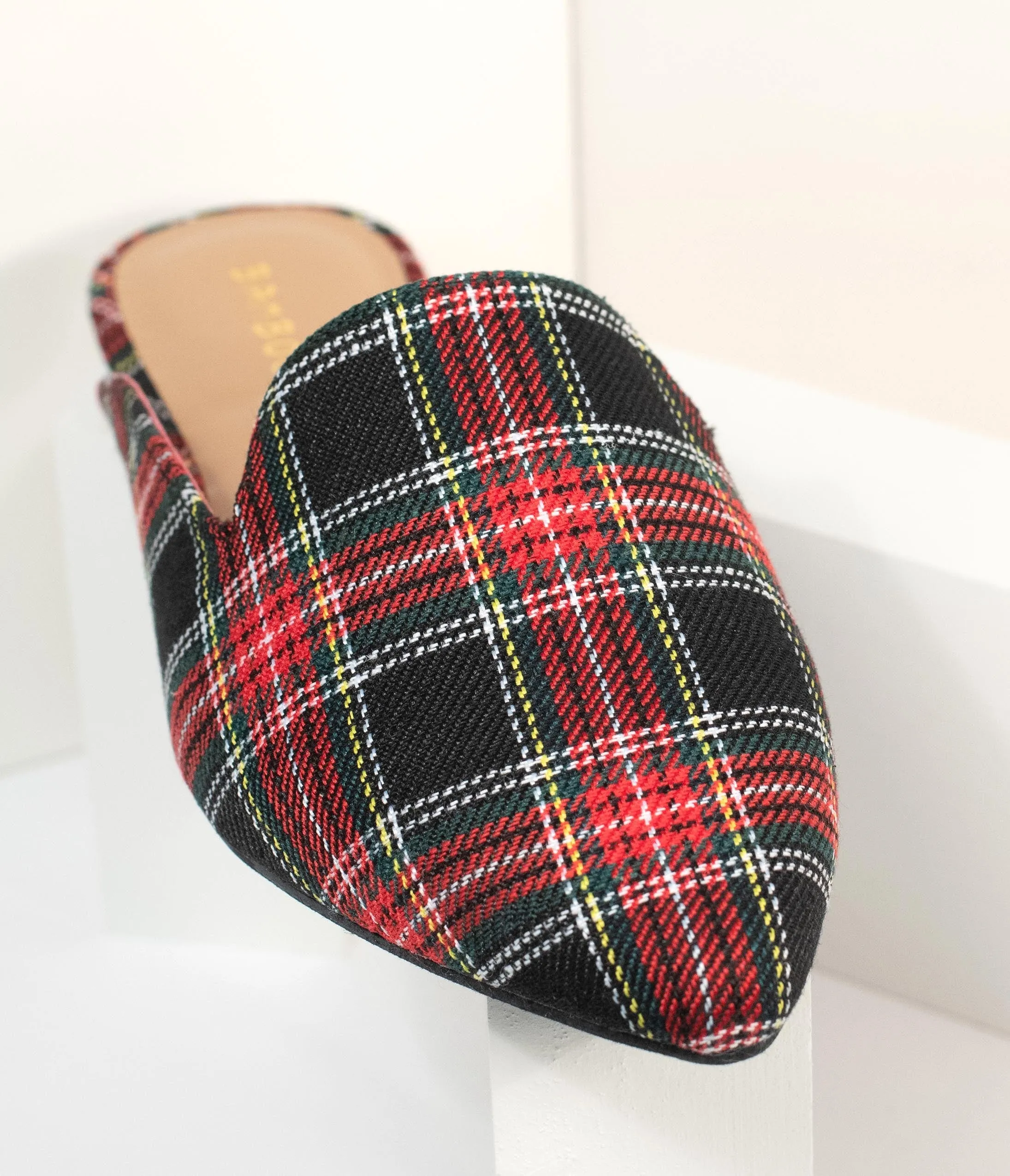 Red & Black Plaid Fabric Mules