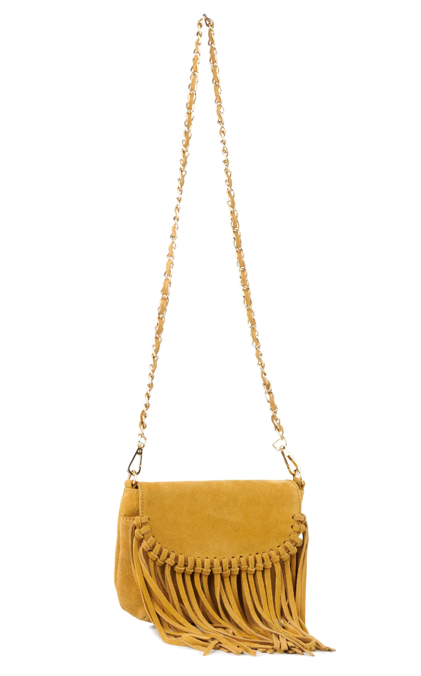 RodeoBar Style Women's Honey Mustard Suede Fringed Gold Chain Crossbody Bag