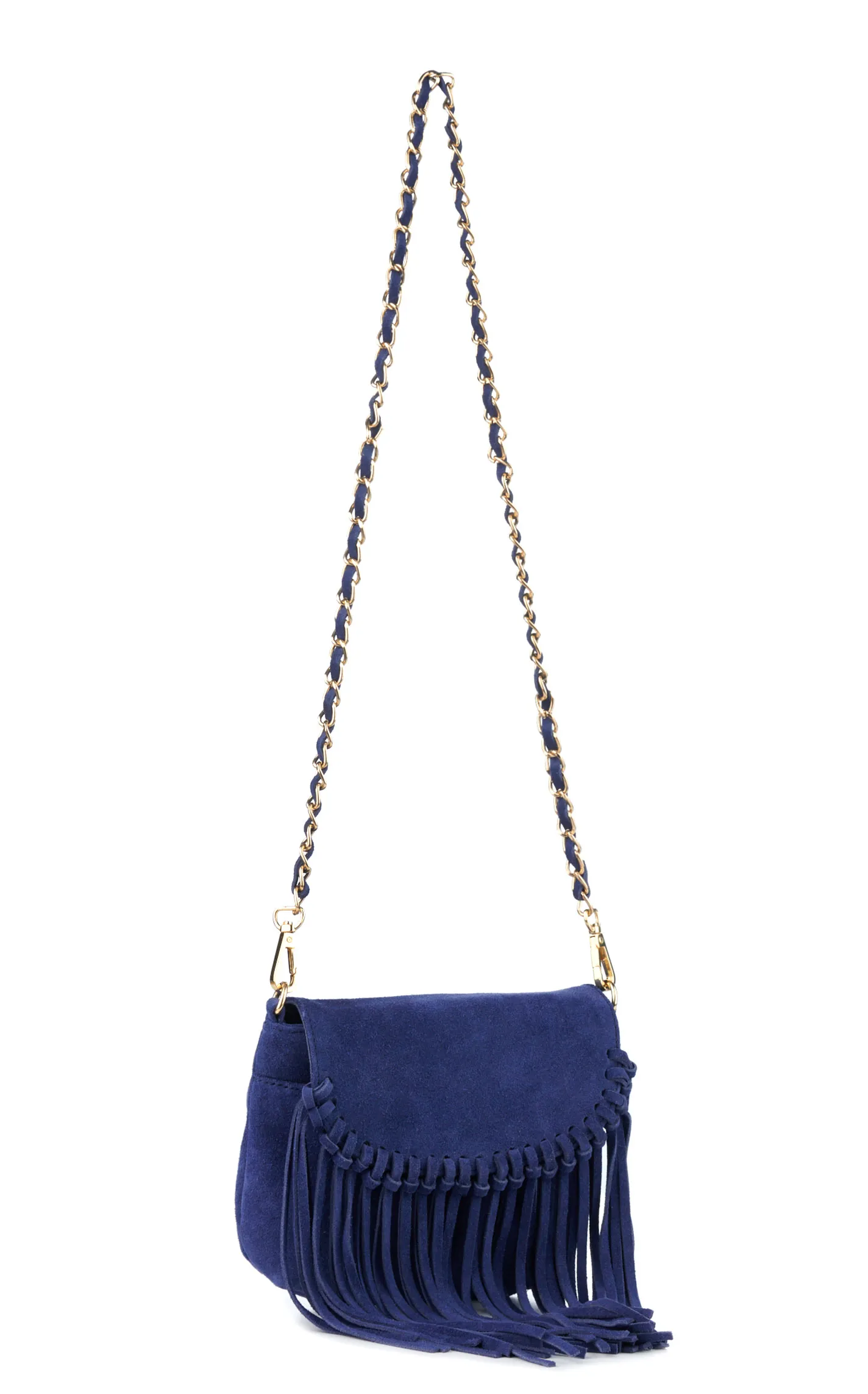 RodeoBar Style Women's Navy Blue Suede Fringed Gold Chain Crossbody Bag