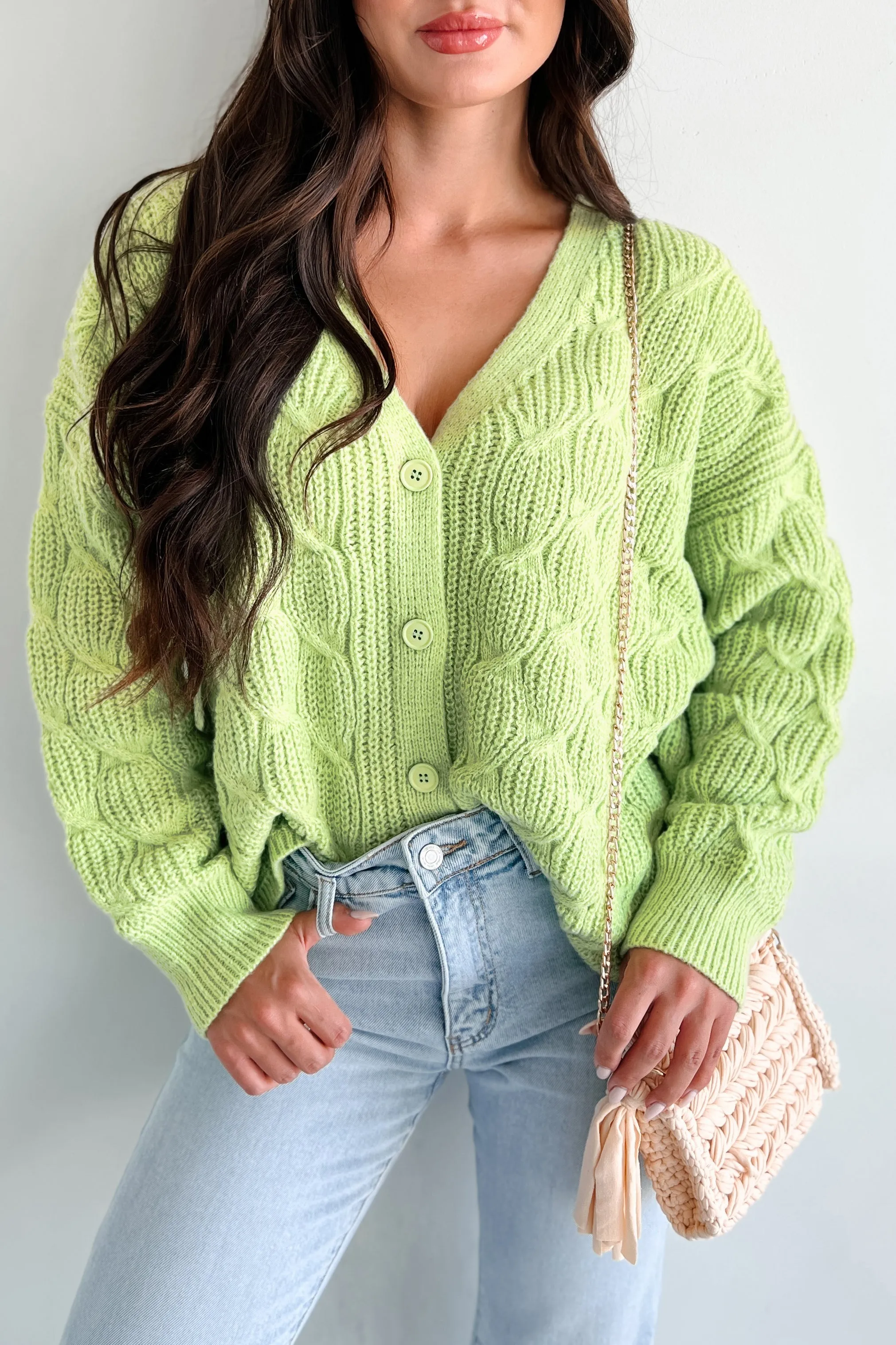 Simply Thriving Cable Knit Buttoned Cardigan (Green)