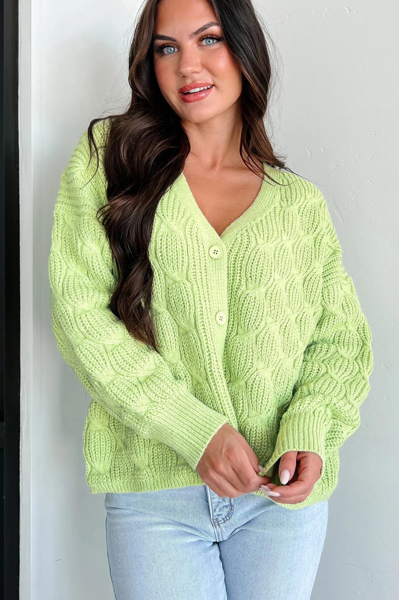 Simply Thriving Cable Knit Buttoned Cardigan (Green)