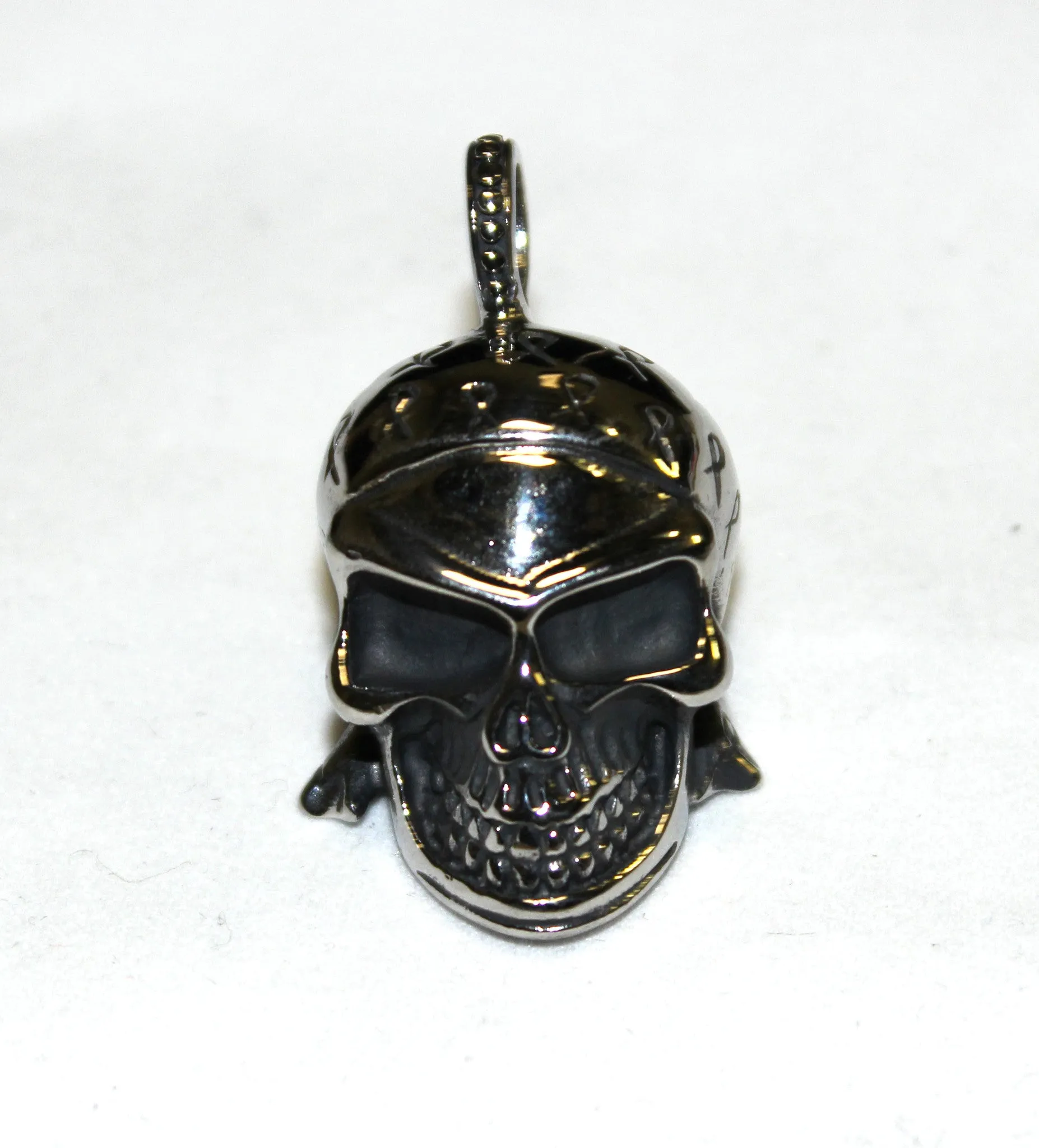 Stainless Steel Small Skull Pendant with Ribbons on Helmet- UDINC0491