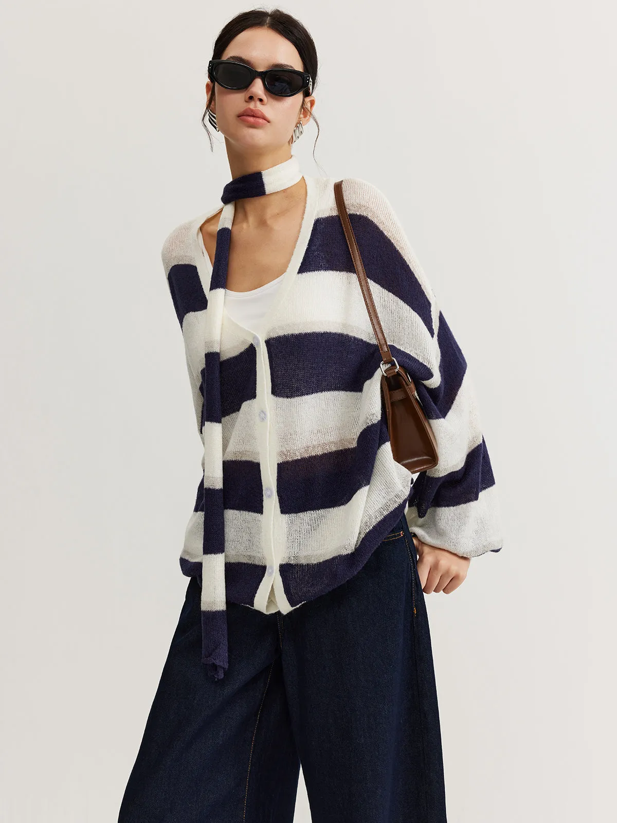 Striped Breasted Thin Cardigan With Matching Scarf